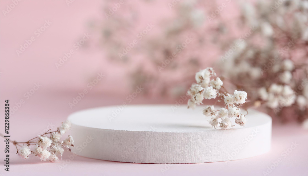Minimalist round podium and dried white flowers on pink backdrop. Empty pedestal. Mock-up Minimalist round podium and dried white flowers on pink backdrop. Empty pedestal. Mock-up