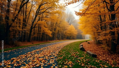 Autumn Pathway Through Golden Leafed Trees photo