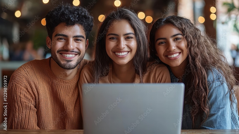 Three Smiling Friends Enjoying Time Together at a Laptop in a Cafe Three Smiling Friends Enjoying Time Together at a Laptop in a Cafe