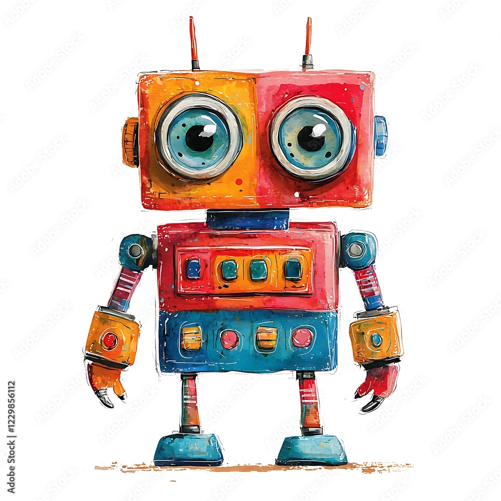 Fototapeta premium Playful Watercolor Robot Illustration Whimsical Colorful Character Design.