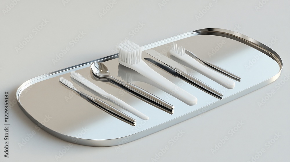 Dental Care and Tableware set on a Metallic Tray with White Background Dental Care and Tableware set on a Metallic Tray with White Background