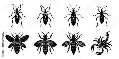 Set of insects silhouettes. Vector illustrations poisonous insects isolated on white background