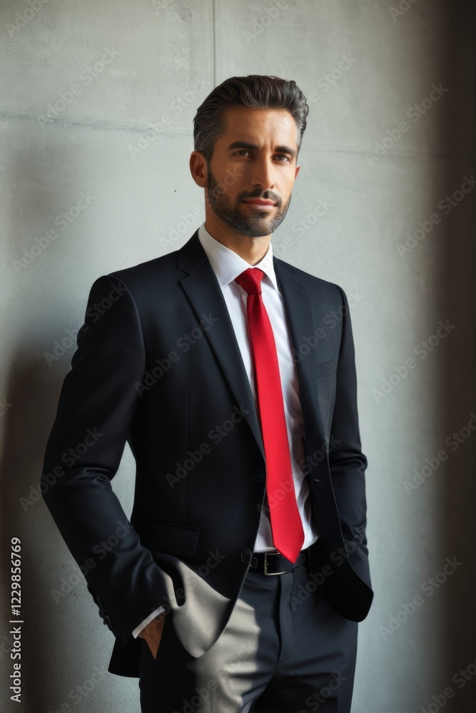 arafed man in a suit and red tie standing against a wall arafed man in a suit and red tie standing against a wall