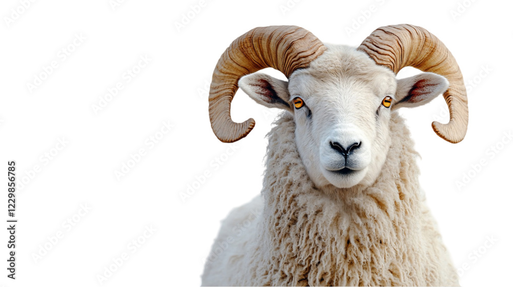 Close Up Portrait of a Large White Ram with Curly Horns Against Close Up Portrait of a Large White Ram with Curly Horns Against