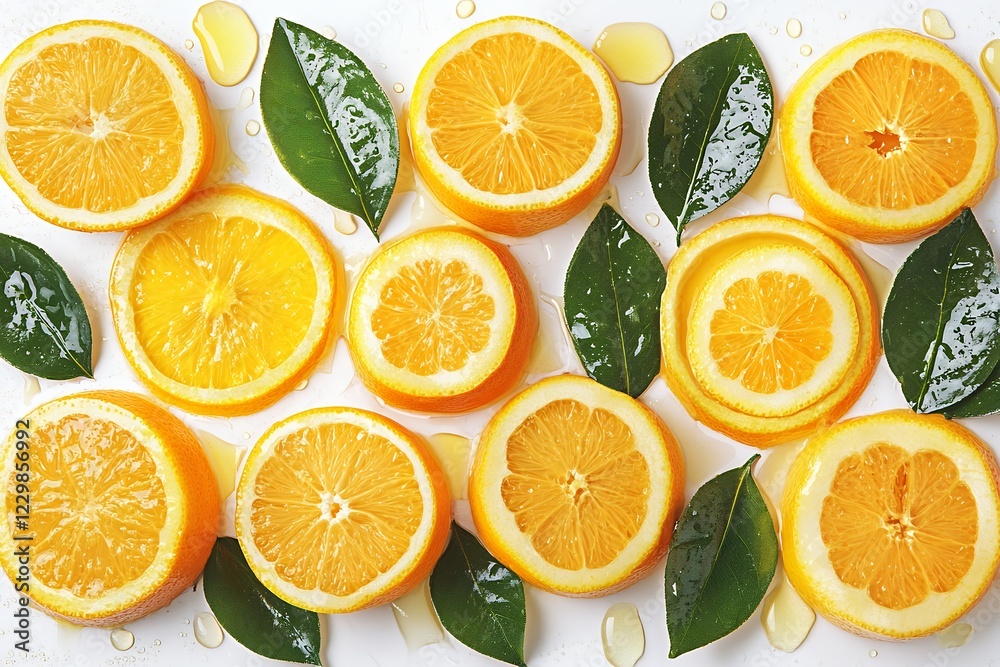 Fresh Citrus Slices with Honey and Leaves A Vibrant Summer Composition Fresh Citrus Slices with Honey and Leaves A Vibrant Summer Composition