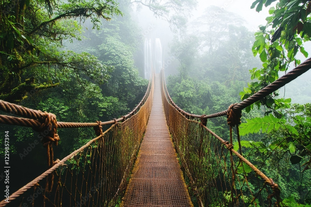 Captivating adventure on a swaying rope bridge in tropical rainforest lush green environment serene viewpoint nature exploration concept Captivating adventure on a swaying rope bridge in tropical rainforest lush green environment serene viewpoint nature exploration concept