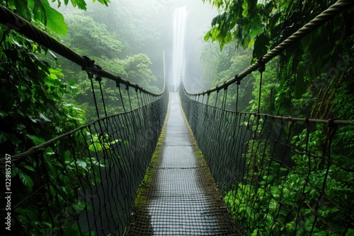 Swaying rope bridge over tropical waters lush jungle scenic photography misty environment captivating viewpoint nature adventure