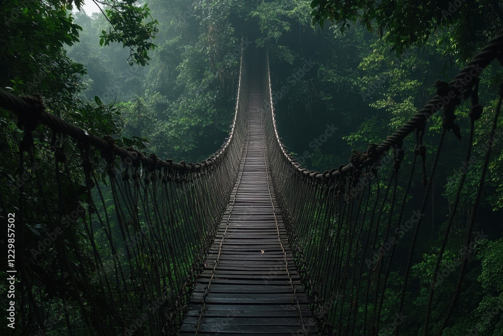 Exploring the rickety rope bridge swaying above lush jungle canopy captivating nature scene serene environment aerial viewpoint adventure concept Exploring the rickety rope bridge swaying above lush jungle canopy captivating nature scene serene environment aerial viewpoint adventure concept