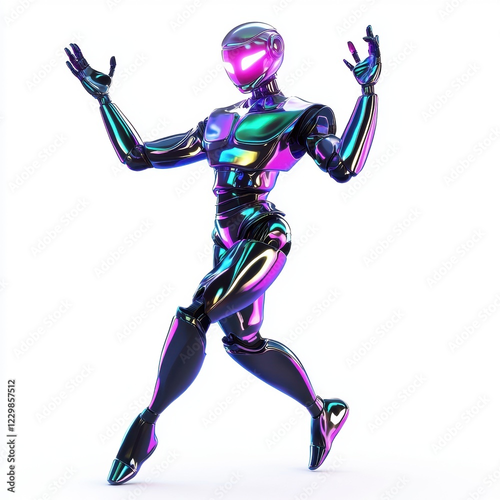 dancing humanoid robot with glowing accents and a joyful pose, centered on a clean white background