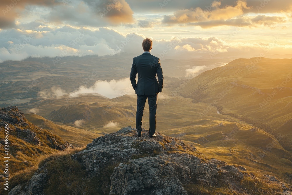 Obraz premium Businessman in Suit Standing on Mountain Peak Overlooking Scenic Valley at Sunrise with Dramatic Clouds and Golden Light