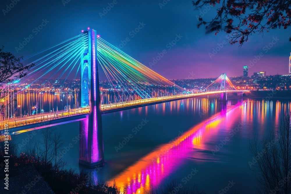 Naklejka premium Stunning nighttime view of a vibrant suspension bridge illuminated in colorful lights over river urban landscape colorful night scene captivating atmosphere