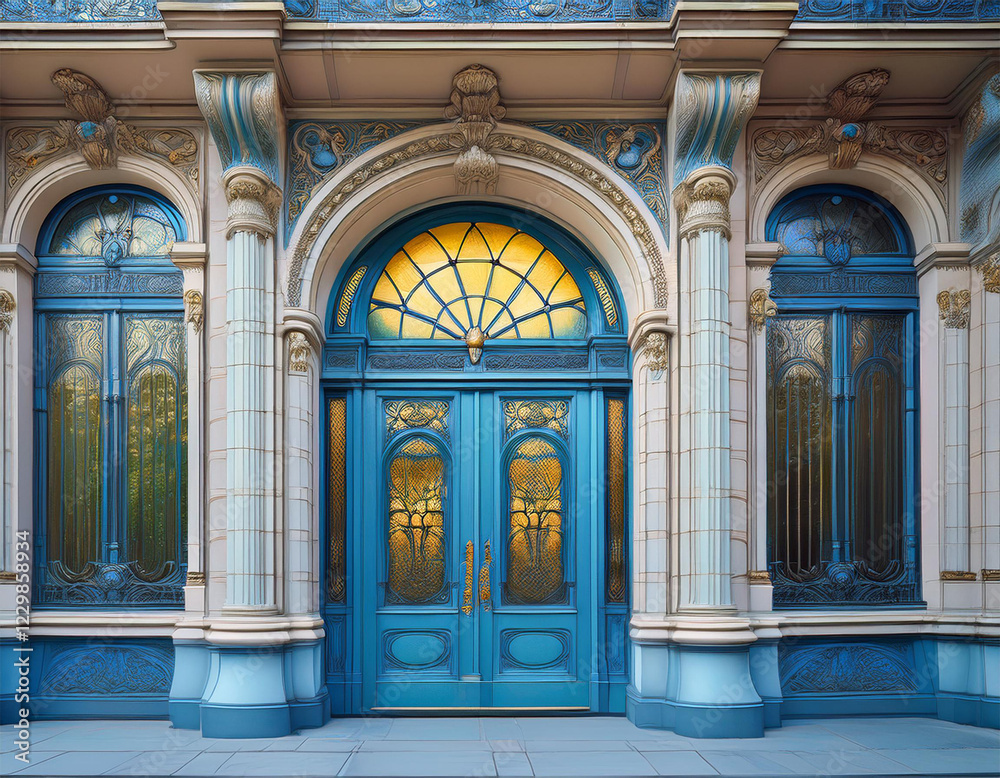 Fototapeta premium gothic art deco architecture pale blue parisian building imposing entrance stained glass door