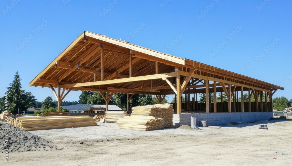 Wooden Structure Under Construction During Sunny Day Wooden Structure Under Construction During Sunny Day