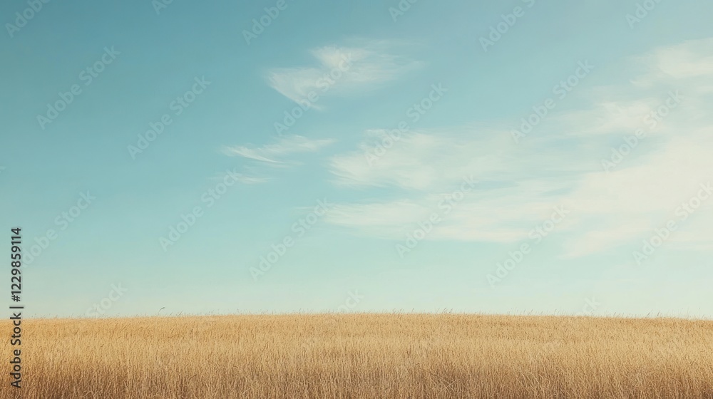 Golden field under a soft blue sky with wispy clouds creates a tranquil scene Golden field under a soft blue sky with wispy clouds creates a tranquil scene