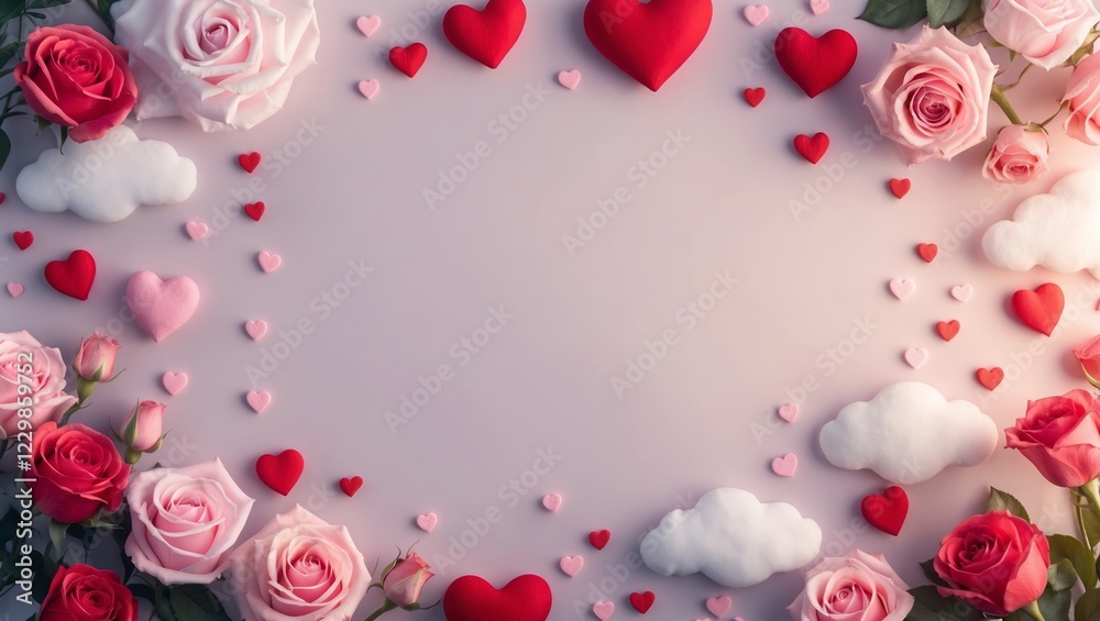 Pink and red roses create a lovely frame with hearts and clouds, perfect for Valentine's Day or romantic projects. Pink and red roses create a lovely frame with hearts and clouds, perfect for Valentine's Day or romantic projects.