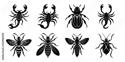 Insects silhouettes set. Vector illustrations poisonous insects isolated on white background