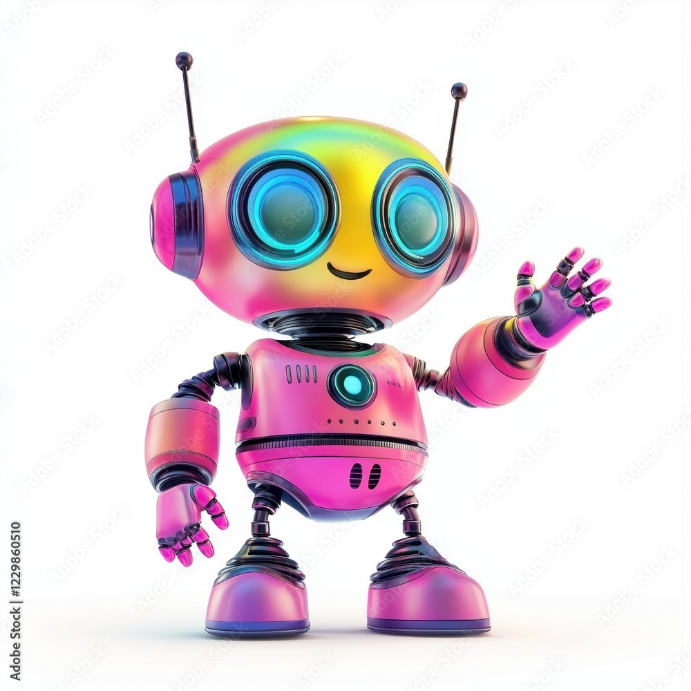 Naklejka premium friendly robot with antennae, colorful details, and a waving gesture, placed on a bright white background