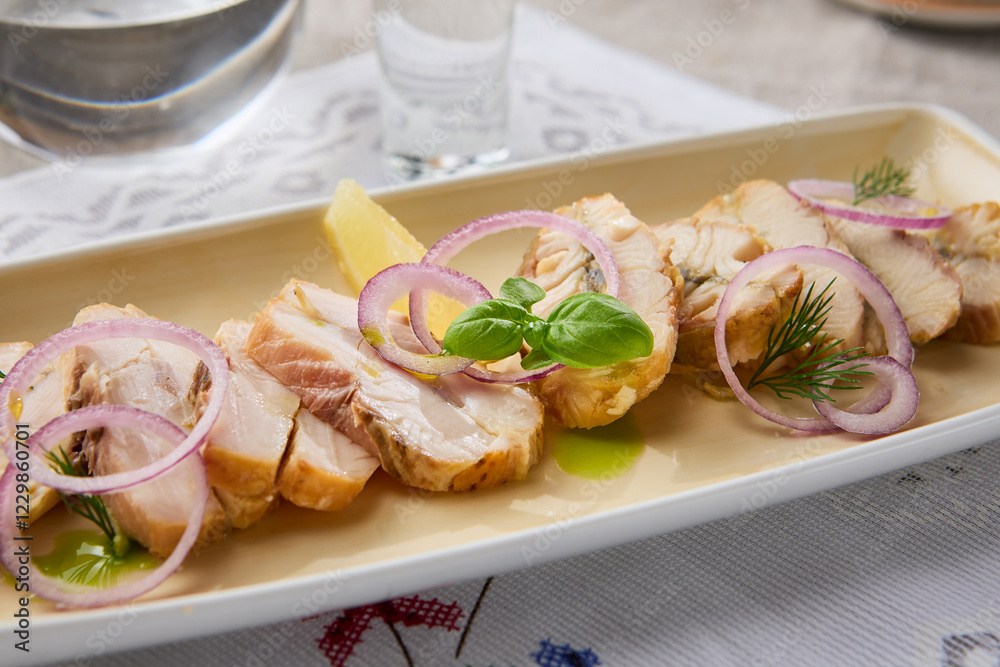 Smoked Mackerel Slices on White Plate with Vibrant Colors and Soft Lighting in Modern Food Photography Smoked Mackerel Slices on White Plate with Vibrant Colors and Soft Lighting in Modern Food Photography