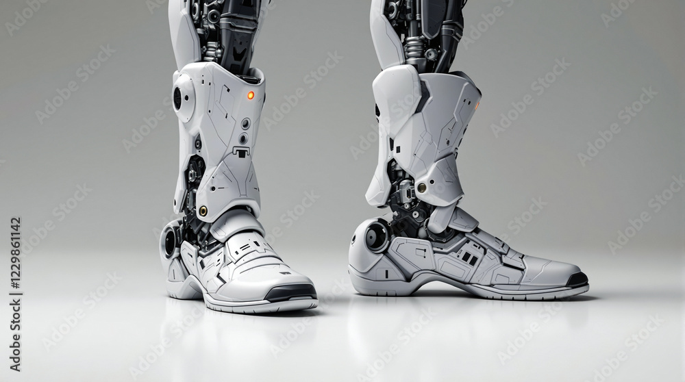 Fototapeta premium Advanced Robotic Boots Integrating Biomechanical Systems and Futuristic Engineering