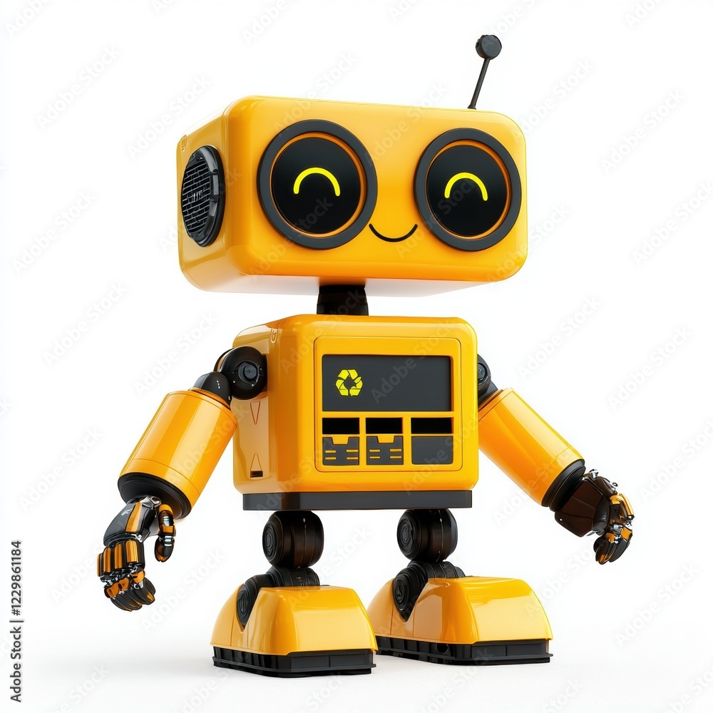 futuristic recycling robot with built-in compartments for sorting trash, smiling warmly, centered on a bright white background futuristic recycling robot with built-in compartments for sorting trash, smiling warmly, centered on a bright white background