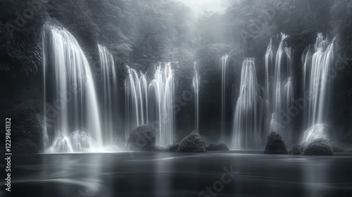 Serene waterfall cascades in misty canyon, tranquil pool, nature background, perfect for travel brochures
