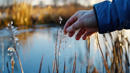 Gentle hand reaches for frozen grass, capturing the quiet beauty of a frosty morning at a tranquil lakeside, exuding calmness and reflection.
