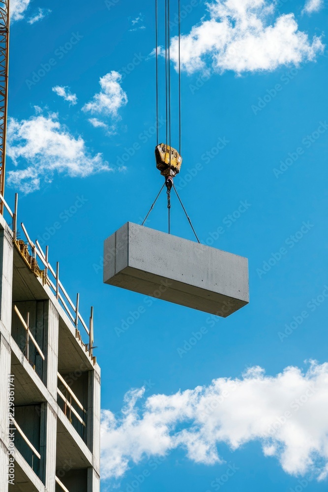 Crane Lifts Concrete Block Against Blue Sky Crane Lifts Concrete Block Against Blue Sky