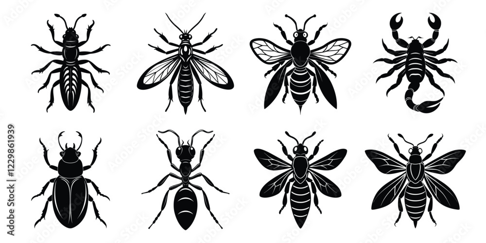 Insects silhouettes set. Vector illustrations poisonous insects isolated on white background Insects silhouettes set. Vector illustrations poisonous insects isolated on white background