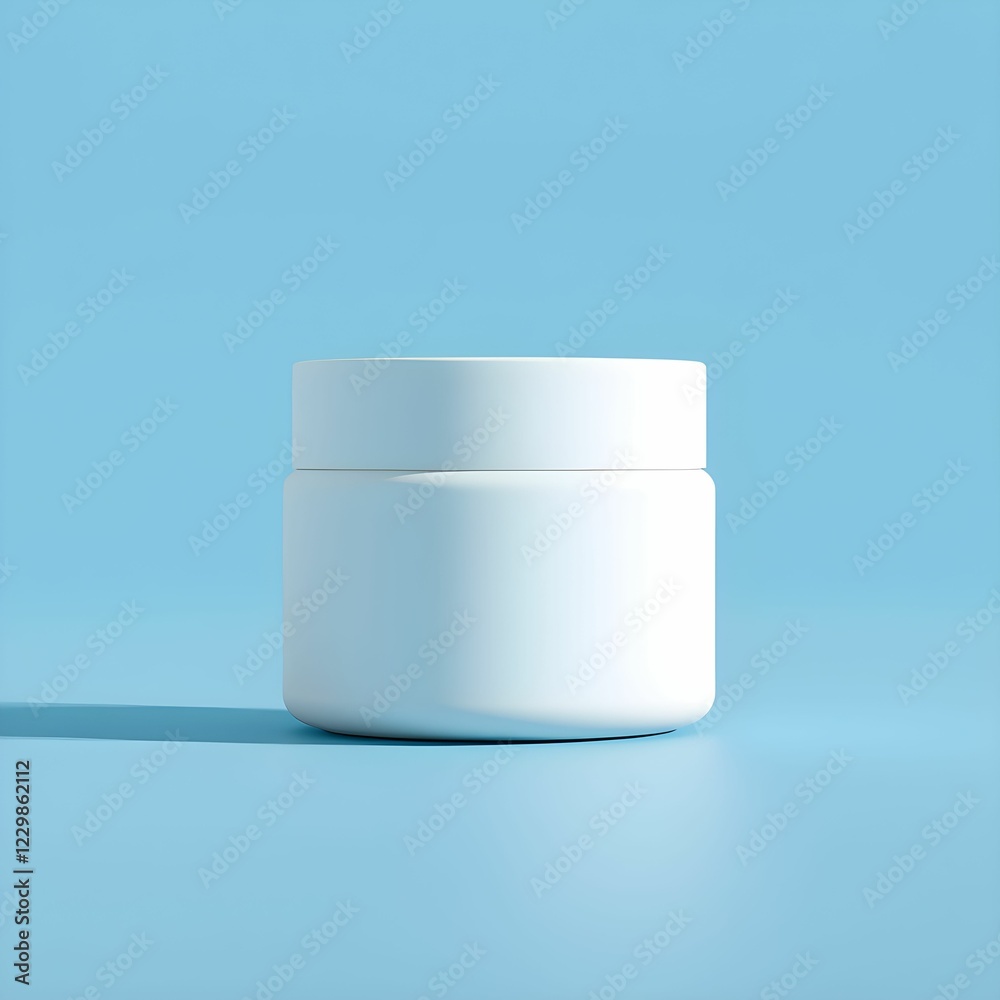Minimalist cosmetic jar, white cylindrical container, light blue background, soft shadow, product photography, clean aesthetic, simple composition, matte finish Minimalist cosmetic jar, white cylindrical container, light blue background, soft shadow, product photography, clean aesthetic, simple composition, matte finish