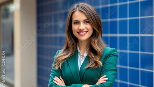 Professional woman, confident smile, green blazer, white blouse, long brown hair, office setting, blue tiled background, corporate portrait, business attire, friendly expression, arms crossed, headsho photo