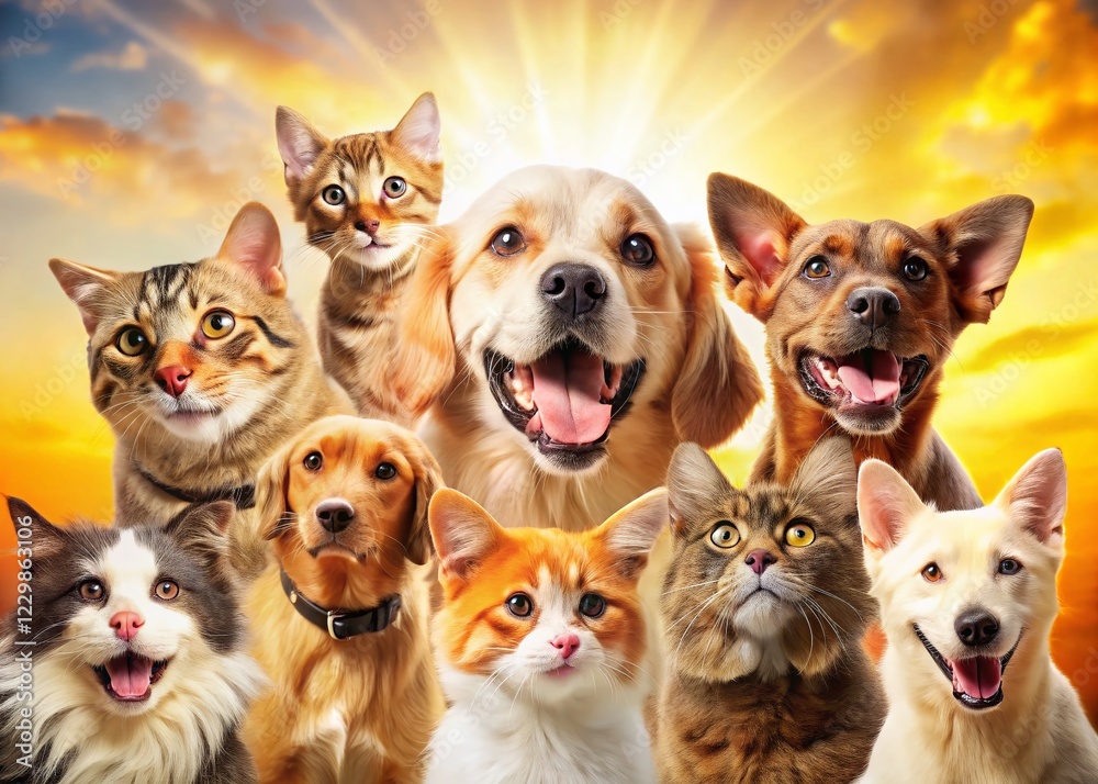 Fototapeta premium Adorable Pets: Charming Dogs & Cats Against a Vibrant Blue Background - Stock Photo