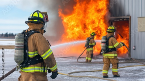 Firefighters, clad in protective gear, valiantly battle the roaring flame at a burning structure, embodying heroism and dedication.