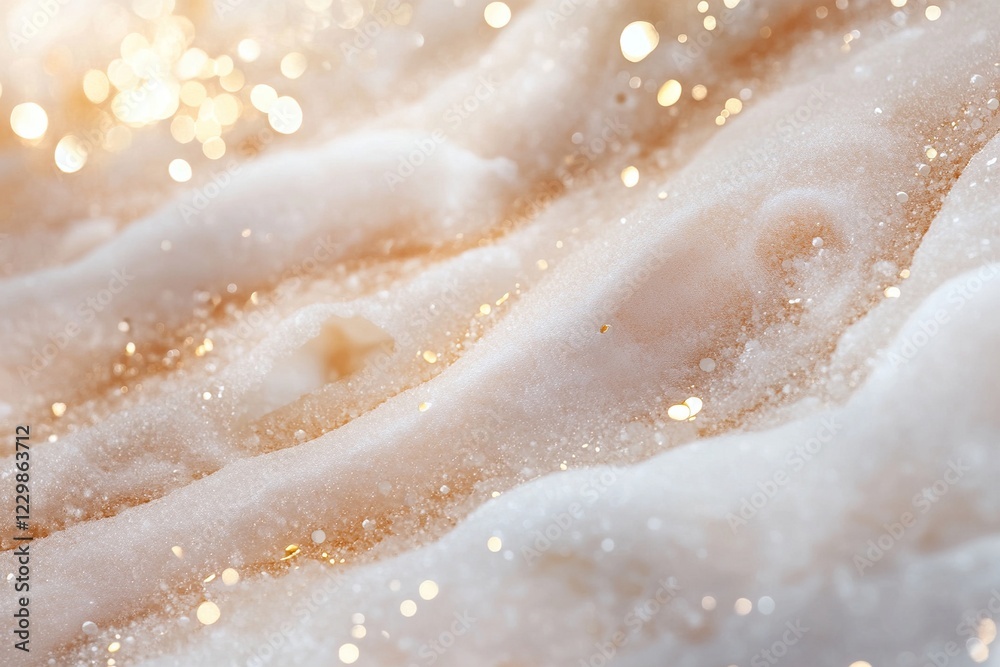Fototapeta premium A frosted glass surface showcases soft, glowing water droplets as warm golden light filters through, evoking a serene and refreshing atmosphere ideal for spas and skincare