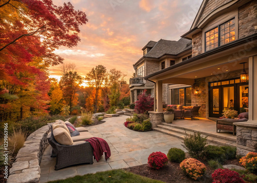 luxurious exterior design of a suburban house's patio in golden glow of a crisp autumn sunset with vibrant foliage and cozy seating arrangements.bedchamber, garden, design