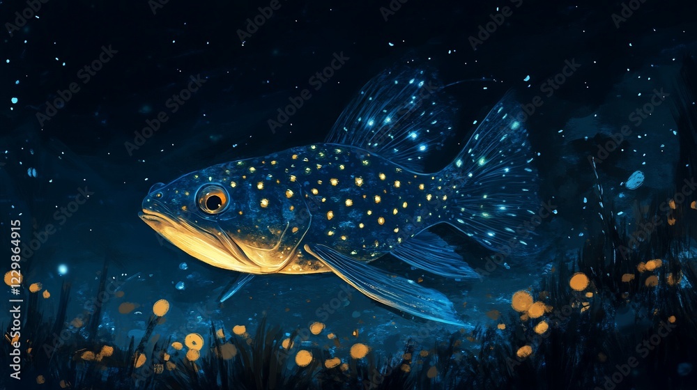 A luminous fish with glowing spots swims through a dark, starry environment A luminous fish with glowing spots swims through a dark, starry environment
