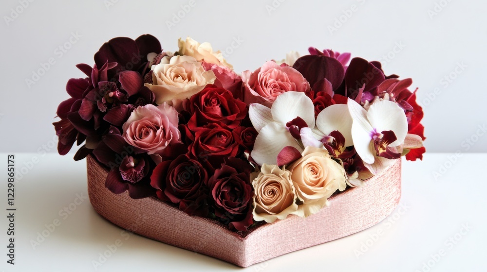 A romantic arrangement of roses and orchids in a heart-shaped box for Valentine Day A romantic arrangement of roses and orchids in a heart-shaped box for Valentine Day