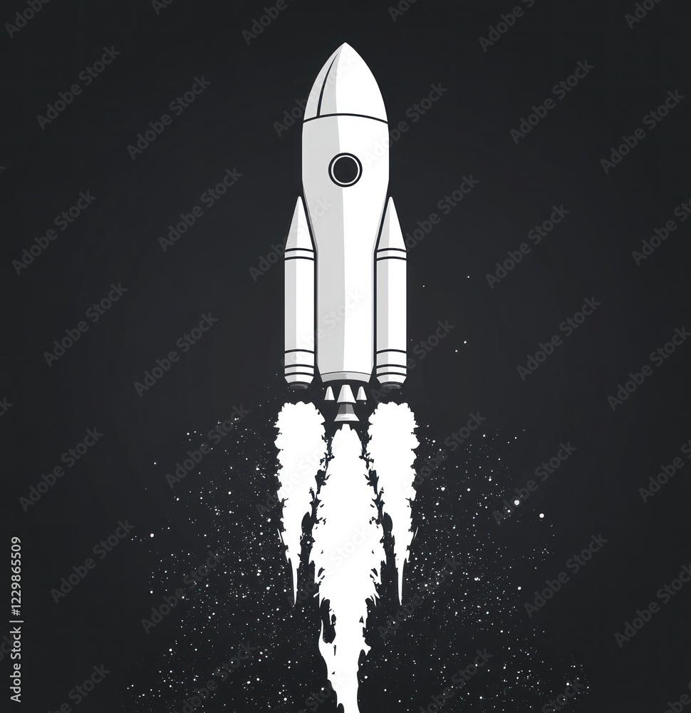 White rocket launching into space, dark background. White rocket launching into space, dark background.