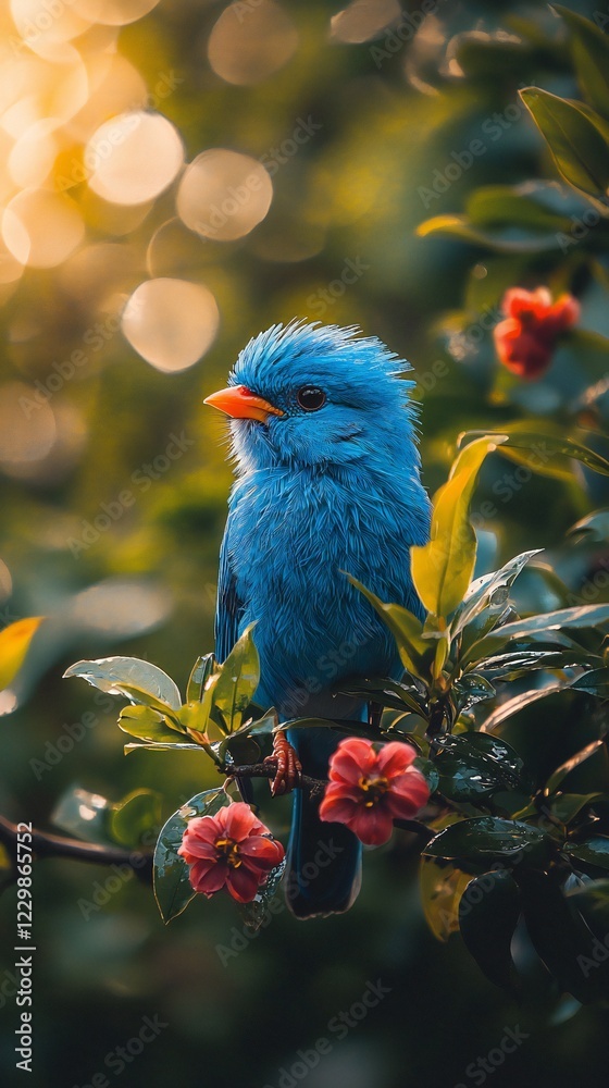 Fototapeta premium HD Phone Wallpaper Vivid Blue Bird Perched on Branch Amongst Red Flowers and Lush Green Foliage