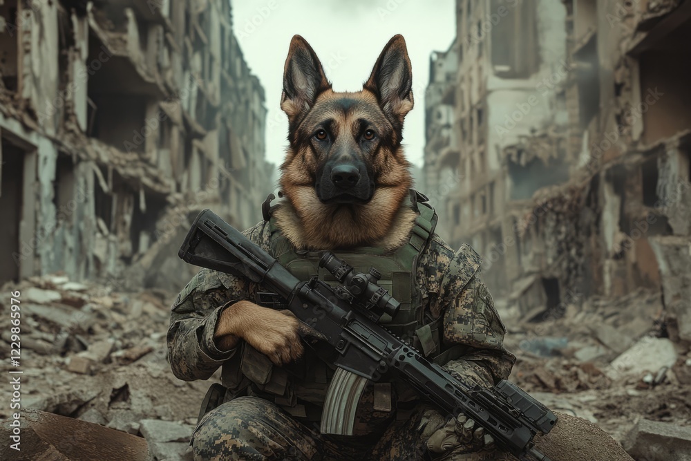 Fototapeta premium A strong German Shepherd dog in a soldiers uniform, wearing a camouflage jacket and helmet, crouched low with a rifle aimed forward.Dogs soldier.Military dogs.Army dogs.
