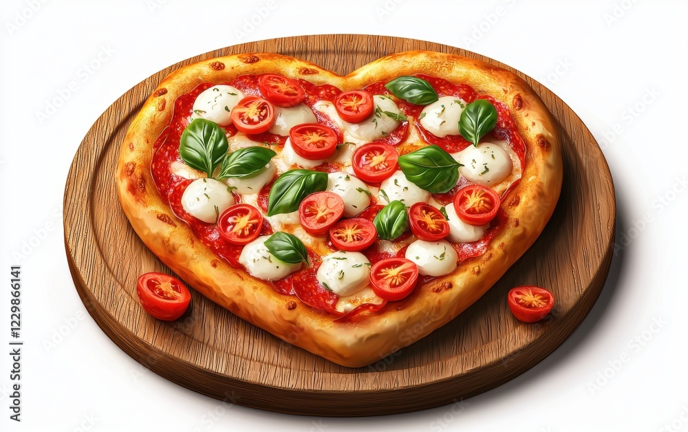 heart-shaped pizza topped with mozzarella, basil, and tomatoes, placed on a wooden platter on a white background. Valentines Day and 8 March theme heart-shaped pizza topped with mozzarella, basil, and tomatoes, placed on a wooden platter on a white background. Valentines Day and 8 March theme