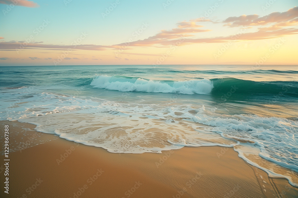A beach at dawn with gentle waves lapping the shore, soft pastel colors in the sky. A beach at dawn with gentle waves lapping the shore, soft pastel colors in the sky.