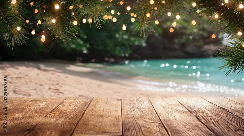 Rustic Wooden Table with Twinkling Lights Overlooking a Serene Beach Scene Rustic Wooden Table with Twinkling Lights Overlooking a Serene Beach Scene
