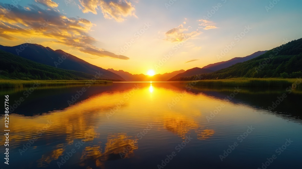 Fototapeta premium A beautiful sunset over a lake with mountains in the background