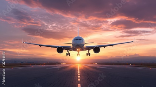 A large jet plane is flying through a beautiful sunset
