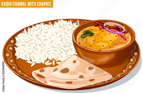 Kadhi Chawal with Chapati Served in Mud Thali. Traditional Indian Cuisine Vector Art