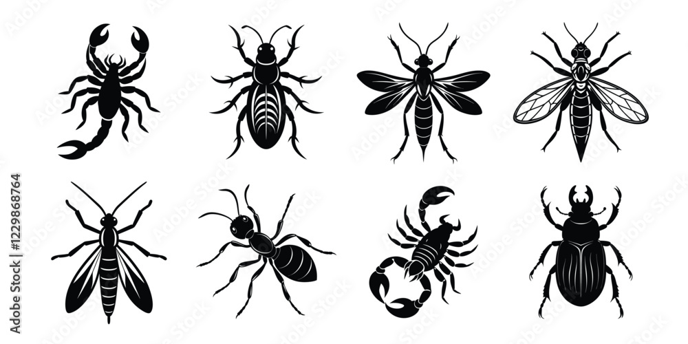 Insects silhouettes set. Vector illustrations poisonous insects isolated on white background Insects silhouettes set. Vector illustrations poisonous insects isolated on white background