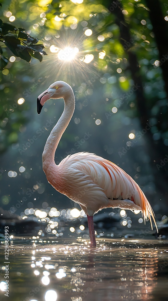 Fototapeta premium HD Phone Wallpaper Majestic Flamingo in Sunlight Water Reflections Bird in Nature