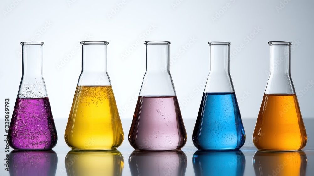 Colorful row of lab flasks containing different solutions, representing experimentation and scientific inquiry in the laboratory. Colorful row of lab flasks containing different solutions, representing experimentation and scientific inquiry in the laboratory.