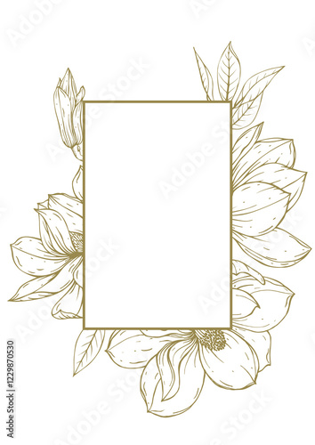 Romantic spring cover design and page frames. A golden bouquet of magnolias with a linear pattern on a white background. A golden background for an elegant invitation or postcard.
