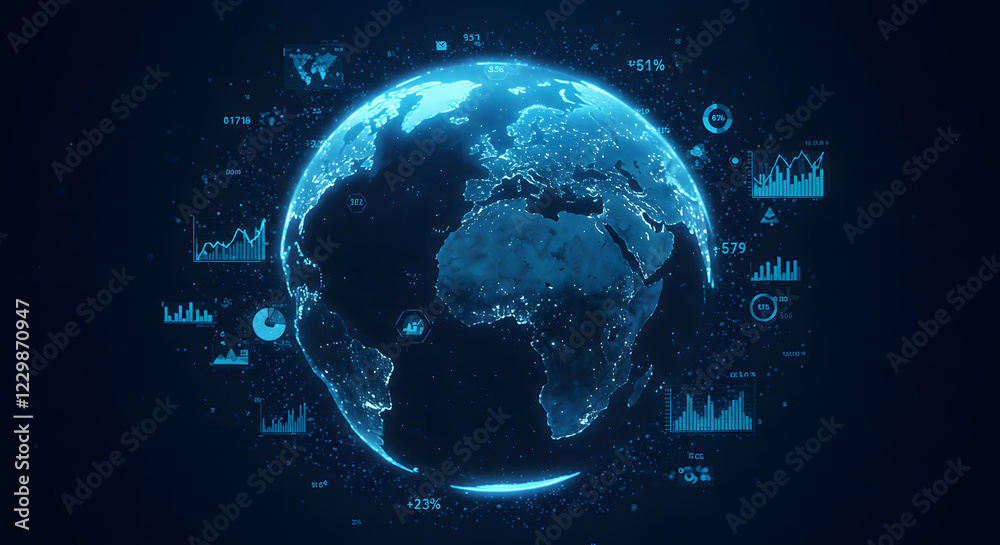 Fototapeta premium A close-up of a digital globe with floating financial indicators, economic trends, and predictive analytics visualized in neon blue